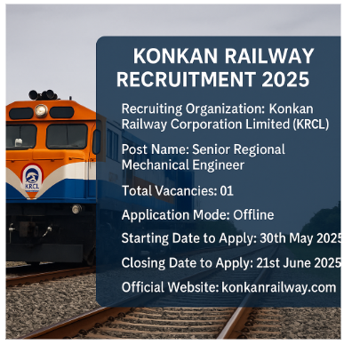 Konkan Railway Recruitment 2025: Apply Offline for Senior Regional Mechanical Engineer Post