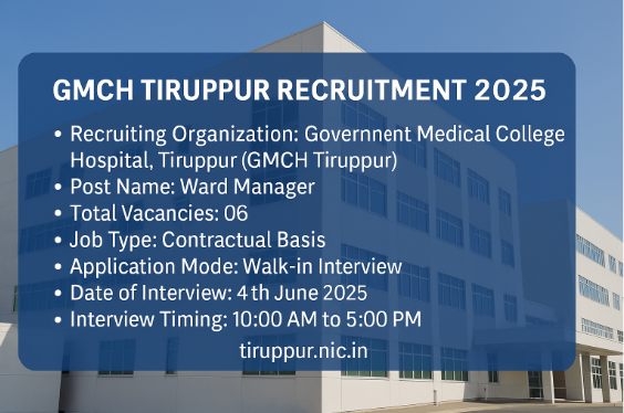 GMCH Tiruppur Recruitment 2025: Walk-in for 06 Ward Manager Posts on 4th June